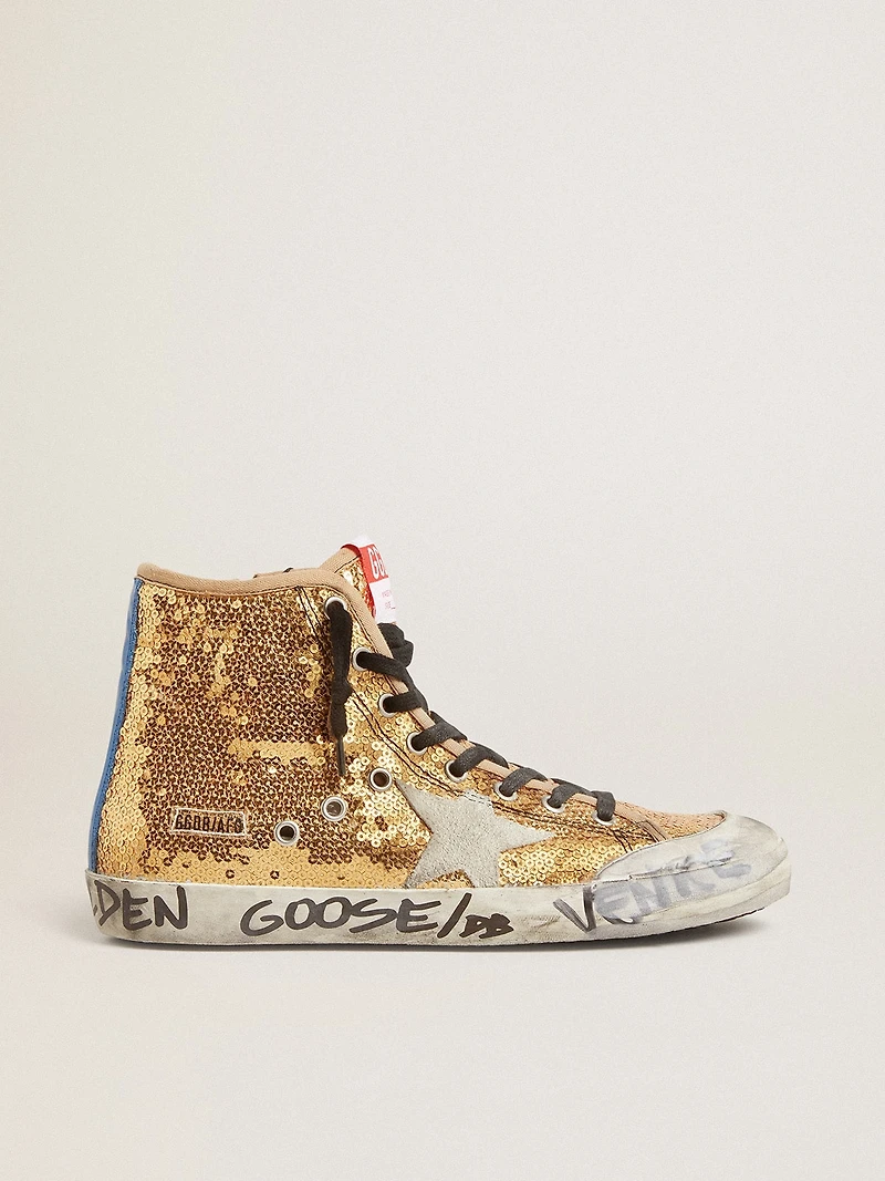 Francy Penstar gold paiettes with suede star and bright blue heel tab