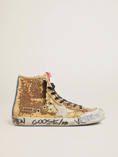 Francy Penstar gold paiettes with suede star and bright blue heel tab