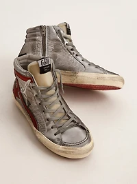 Women’s Slide with silver metallic leather upper and red flash