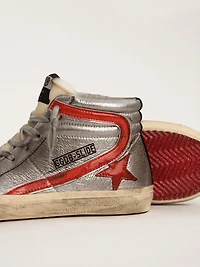 Women’s Slide with silver metallic leather upper and red flash