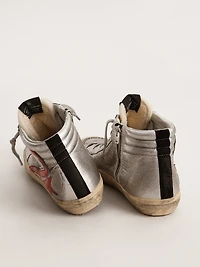 Women’s Slide with silver metallic leather upper and red flash