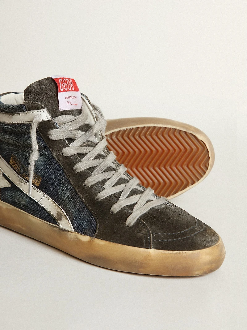 Slide midnight-blue denim with white leather star