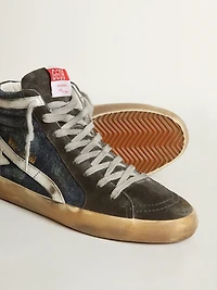 Slide midnight-blue denim with white leather star