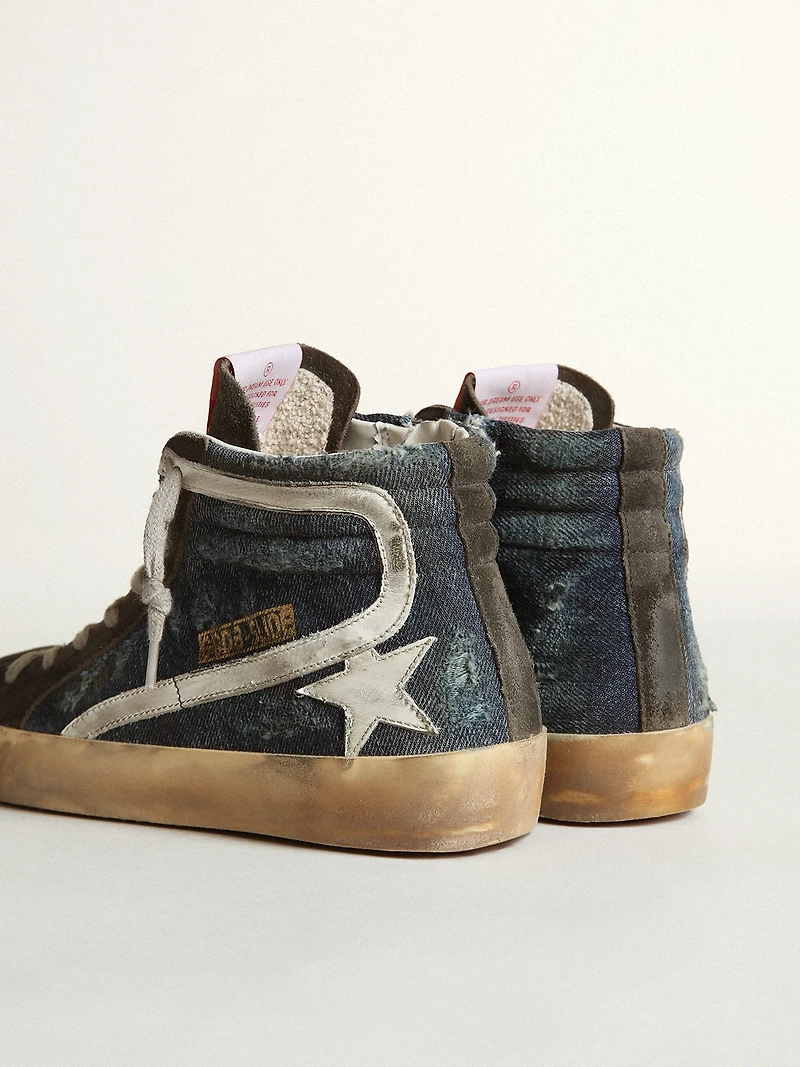 Slide midnight-blue denim with white leather star