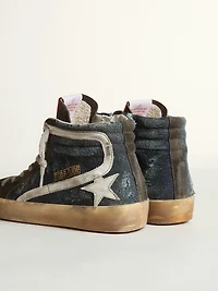 Slide midnight-blue denim with white leather star