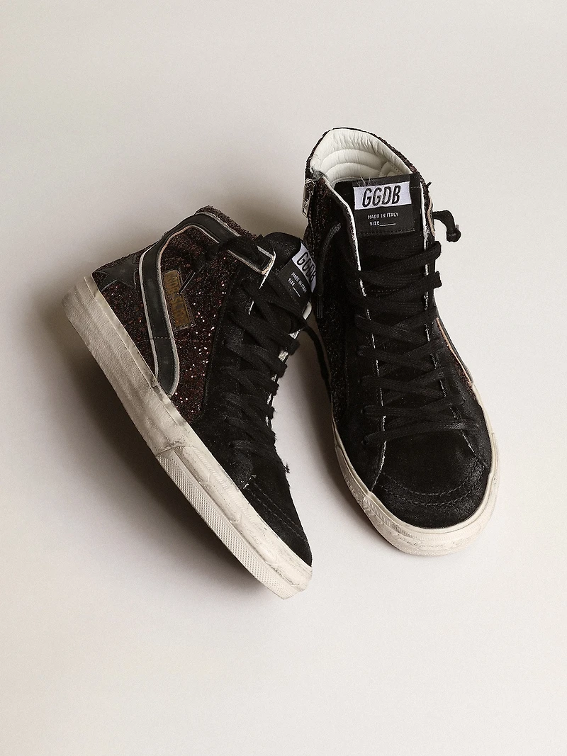 Slide brown glitter with black leather star and flash