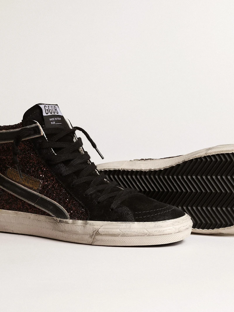 Slide brown glitter with black leather star and flash