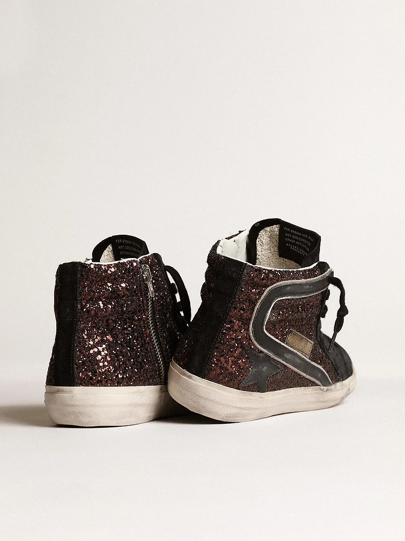 Slide brown glitter with black leather star and flash
