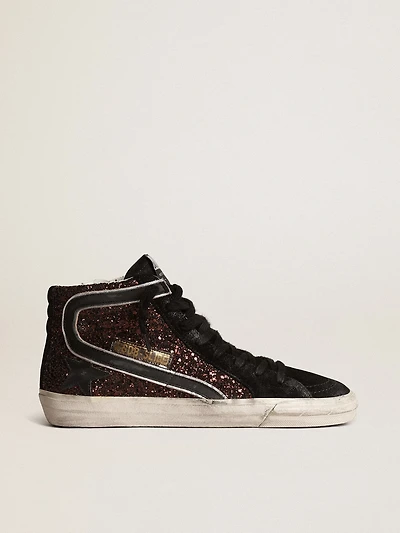 Slide brown glitter with black leather star and flash