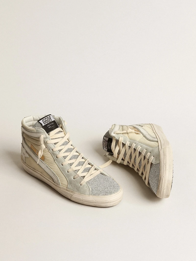 Slide ivory nylon with white leather star and Swaroski tongue