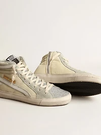 Slide ivory nylon with white leather star and Swaroski tongue