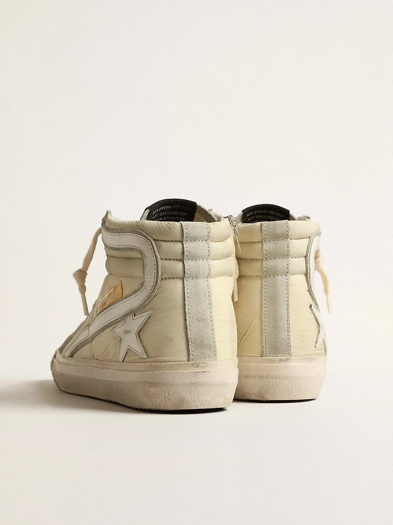 Slide ivory nylon with white leather star and Swaroski tongue