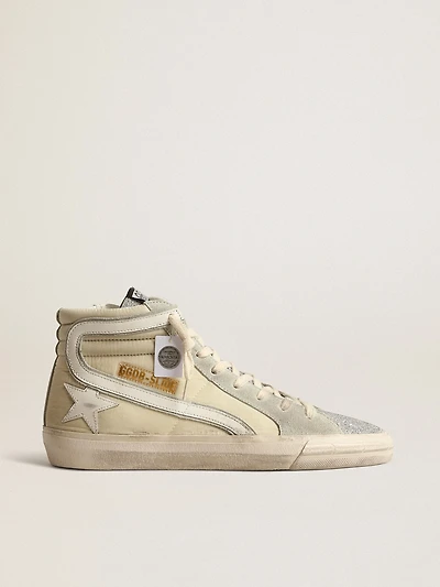 Slide ivory nylon with white leather star and Swaroski tongue
