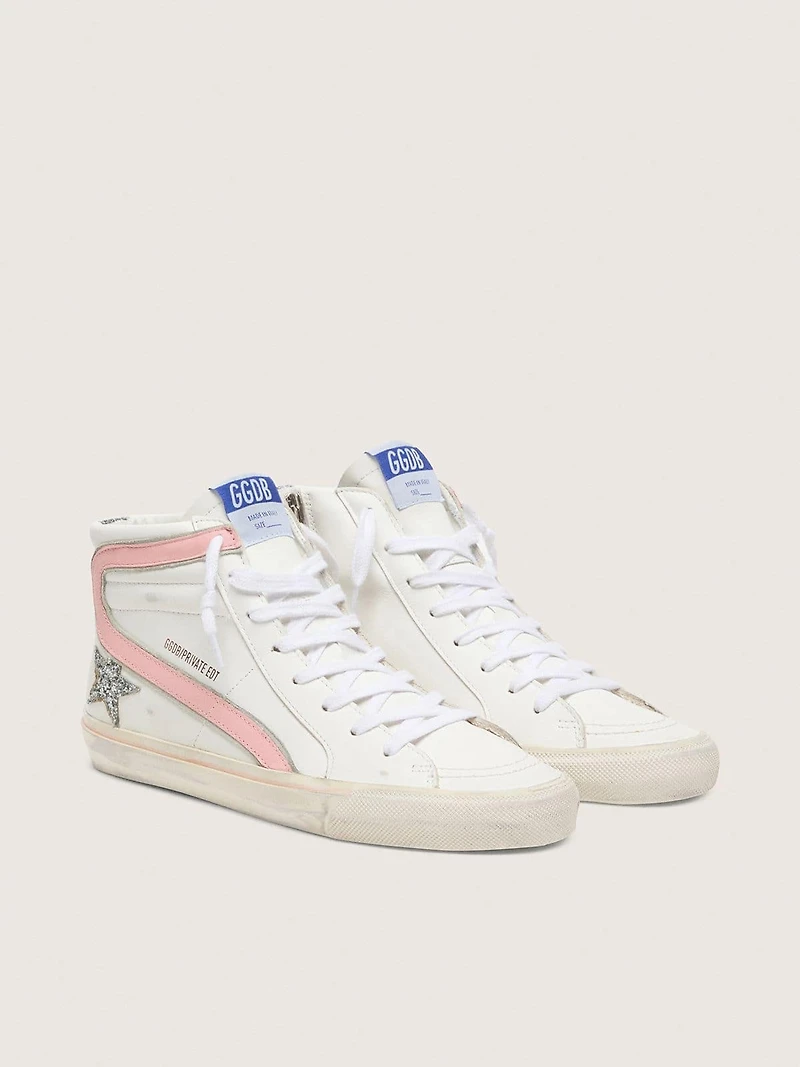 Women's Slide white leather with silver glitter star and pink flash