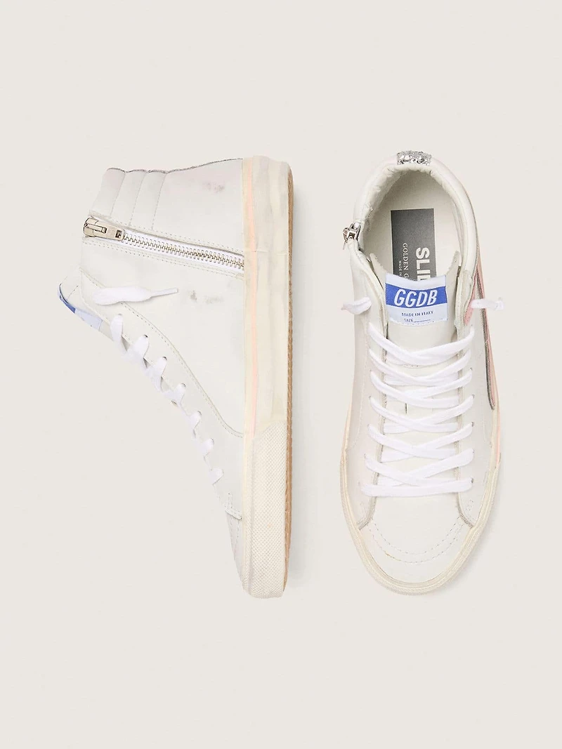 Women's Slide white leather with silver glitter star and pink flash