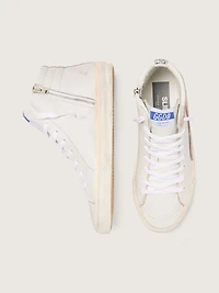 Women's Slide white leather with silver glitter star and pink flash