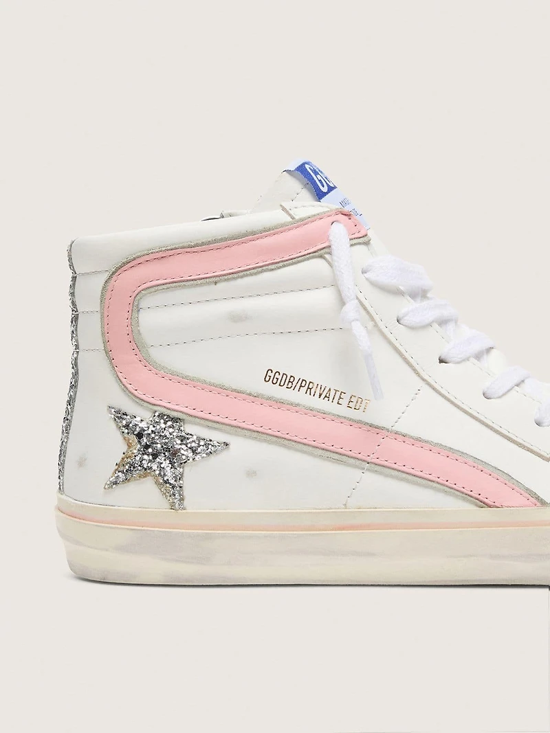 Women's Slide white leather with silver glitter star and pink flash