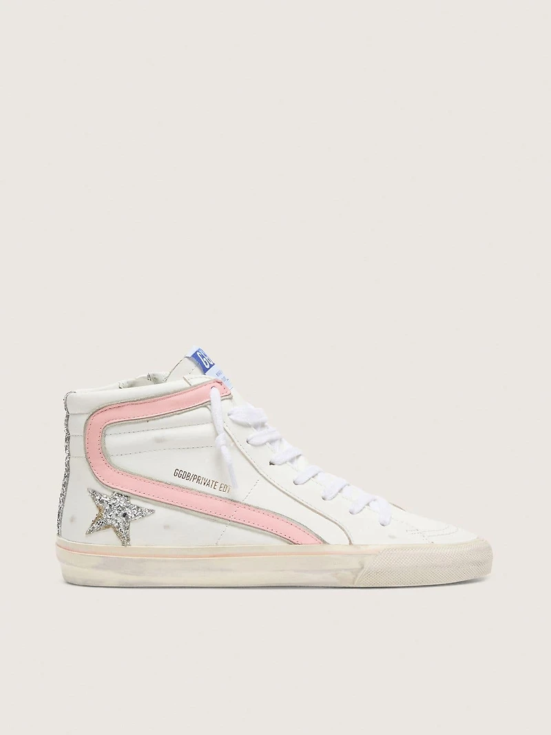 Women's Slide white leather with silver glitter star and pink flash