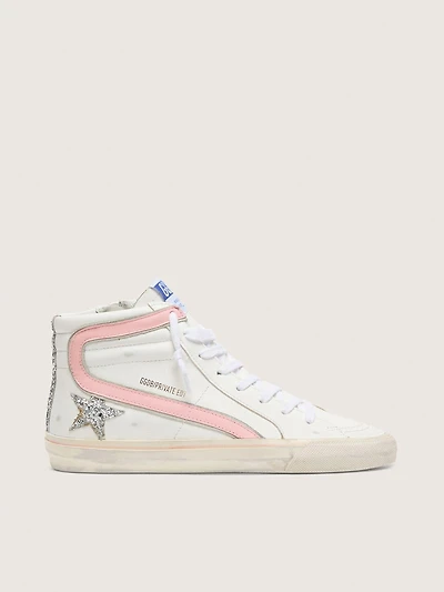 Women's Slide white leather with silver glitter star and pink flash