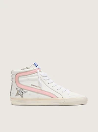 Women's Slide white leather with silver glitter star and pink flash