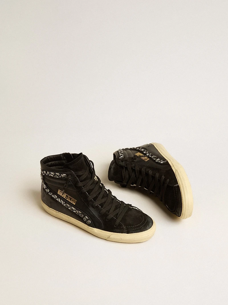 Slide leather with black star and Swarovski crystal flash