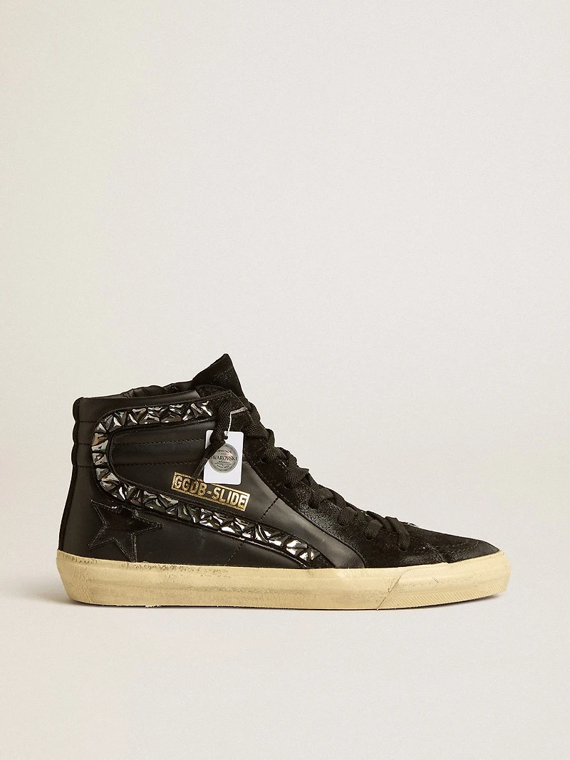 Slide leather with black star and Swarovski crystal flash