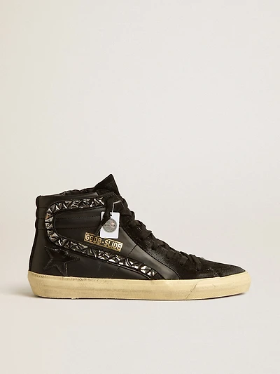 Slide leather with black star and Swarovski crystal flash
