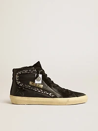 Slide leather with black star and Swarovski crystal flash