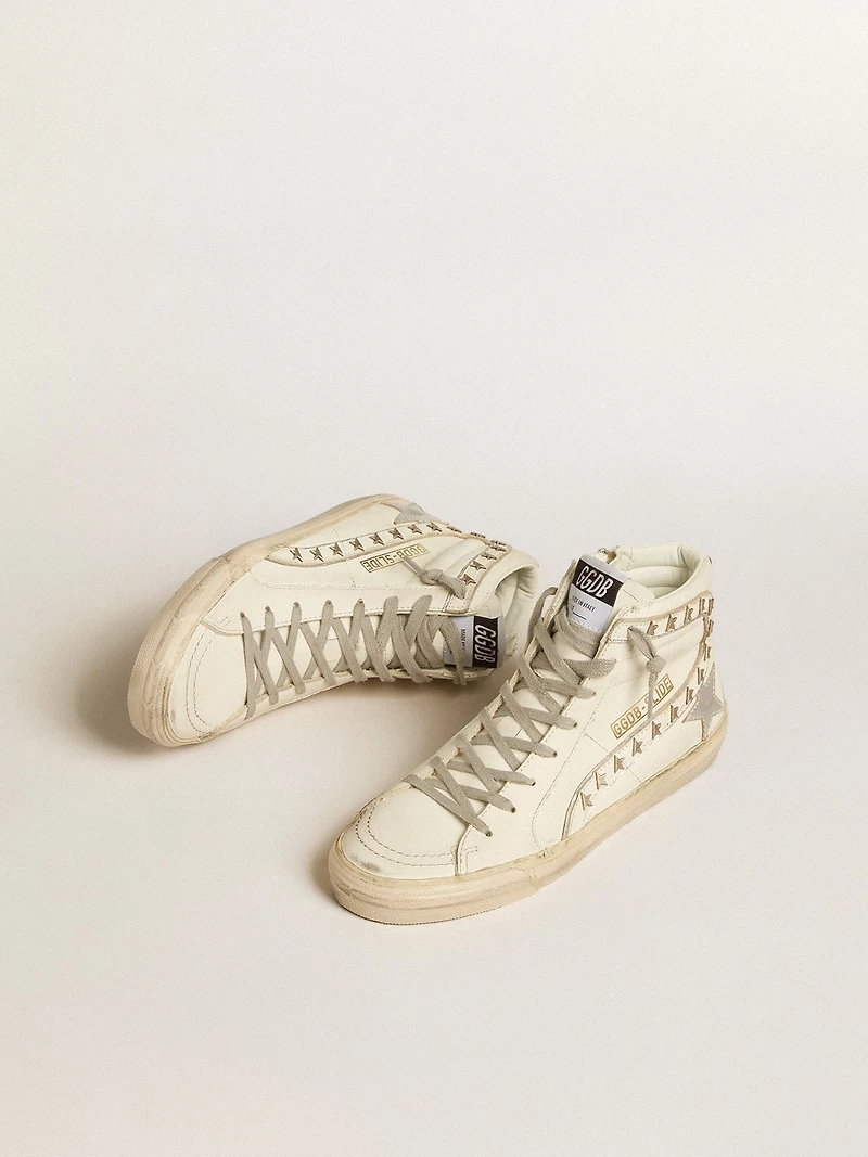 Slide with silver metallic leather star and flash stars