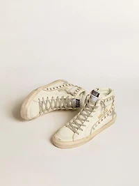 Slide with silver metallic leather star and flash stars