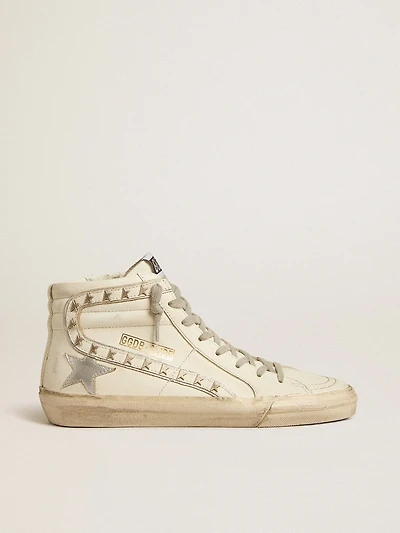 Slide with silver metallic leather star and flash stars