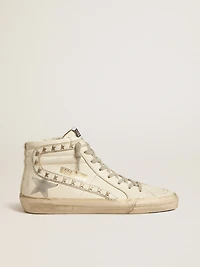 Slide with silver metallic leather star and flash stars