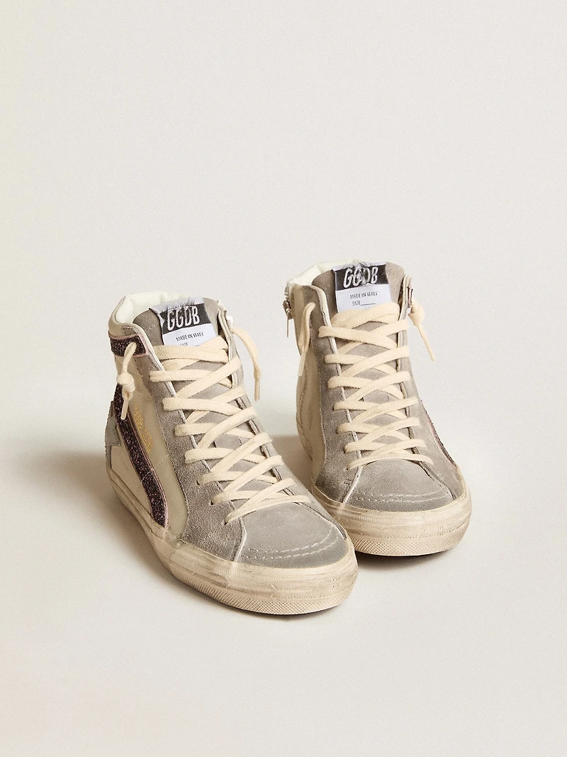 Slide with gray leather star and wine-colored glitter flash