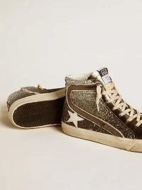 Women's Slide in black and silver glitter with leather star and metallic flash