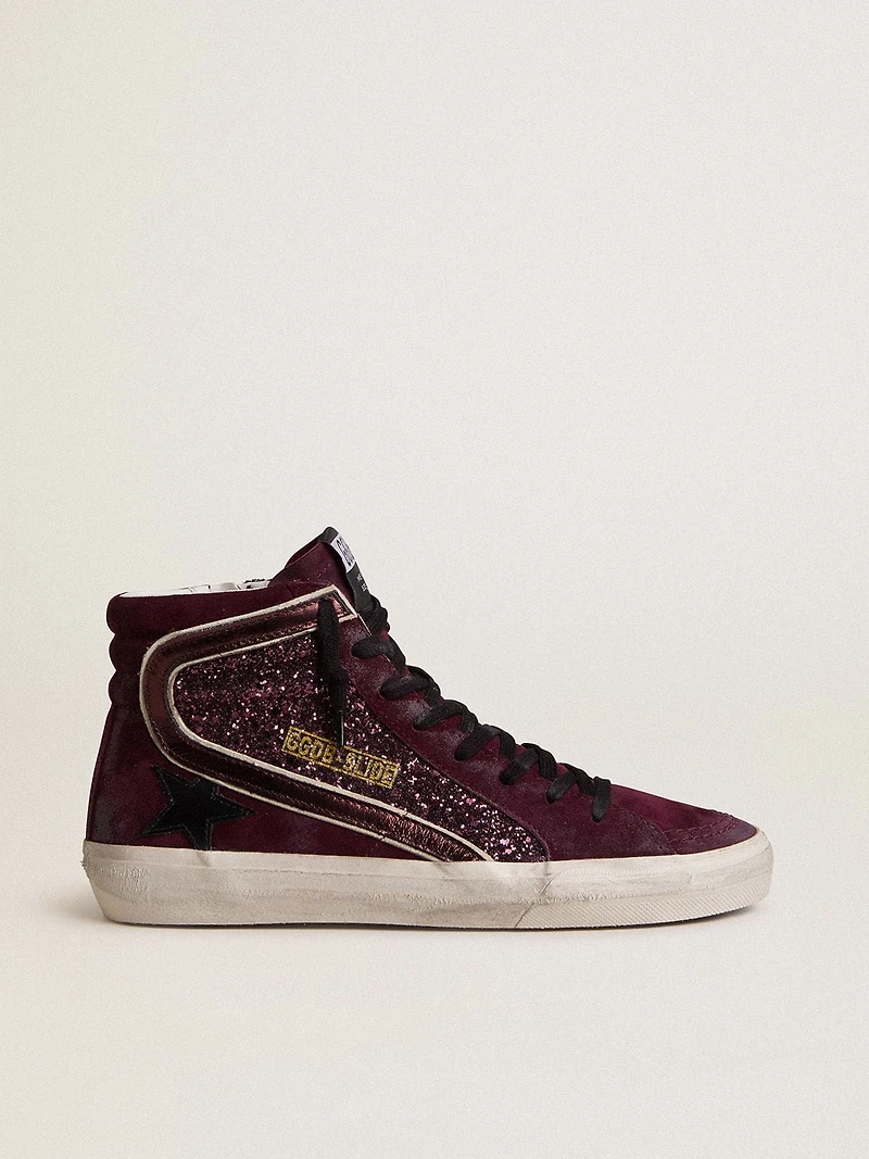 Women's Slide black cherry glitter and suede with leather star metallic flash