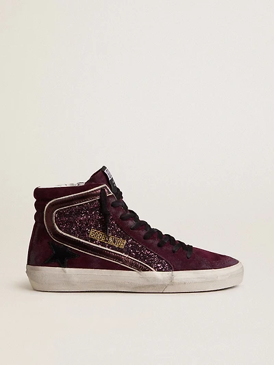 Women's Slide black cherry glitter and suede with leather star metallic flash