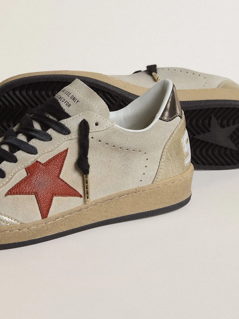 Ball star beige suede with red leather and metallic bronze foiled heel tab