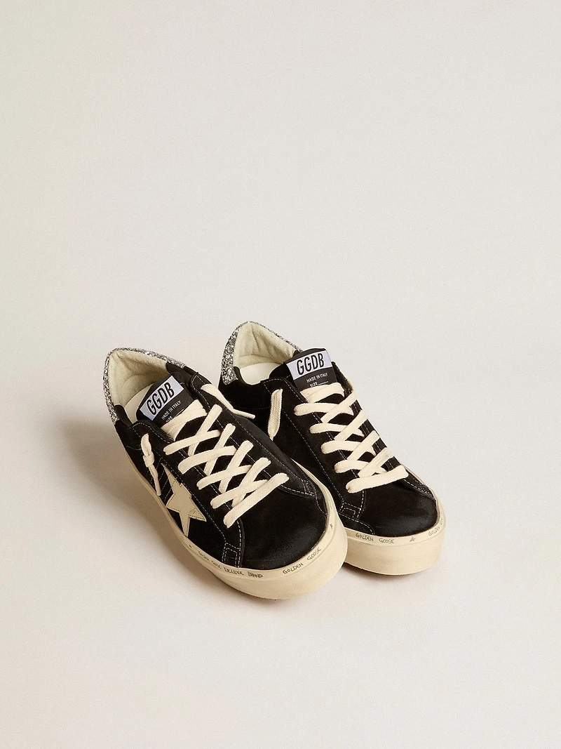 Women’s Hi Star black leather with silver glitter heel tab