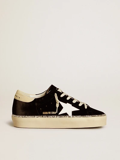Hi star black velvet with white leather and suede heel tab