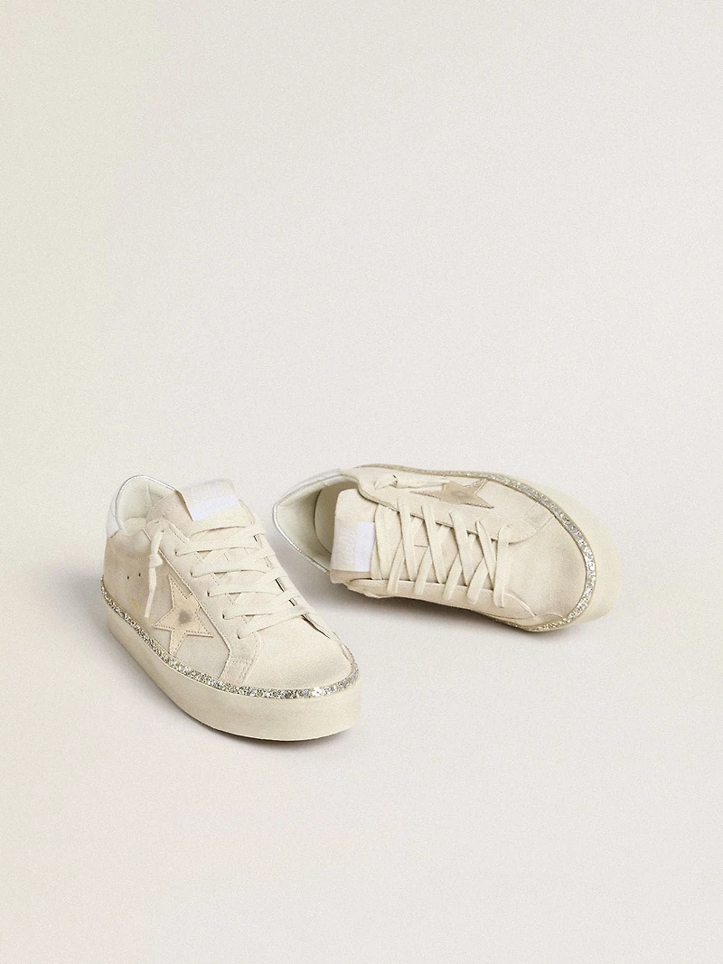 Hi star suede with silver metallic leather and heel tab