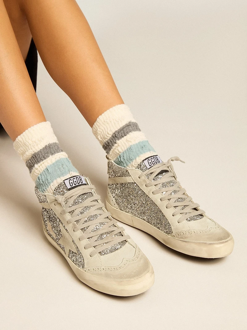 Mid star silver glitter with ice-gray suede and flash