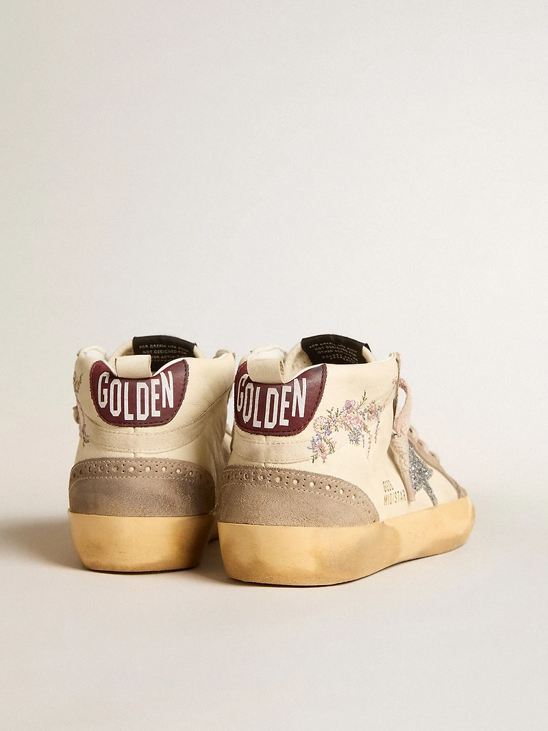 Women's Mid star nappa leather with floral embroidery and silver glitter