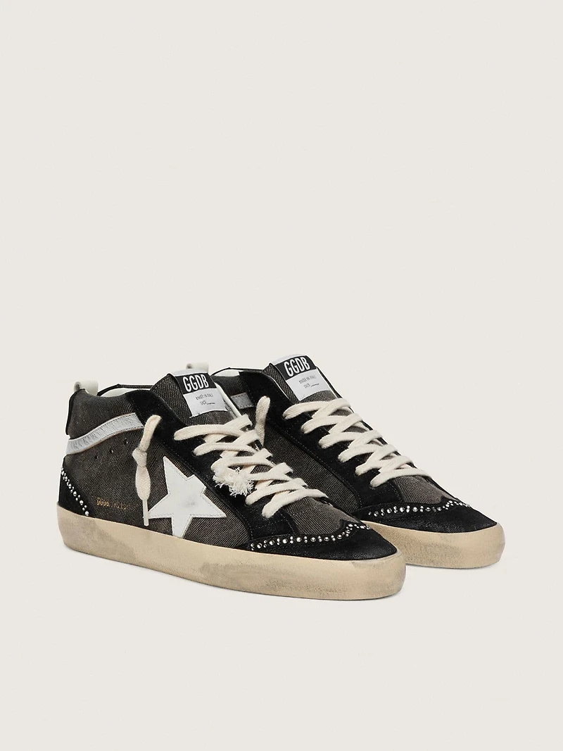 Mid Star LTD in black denim with suede inserts with Swarovski crystals