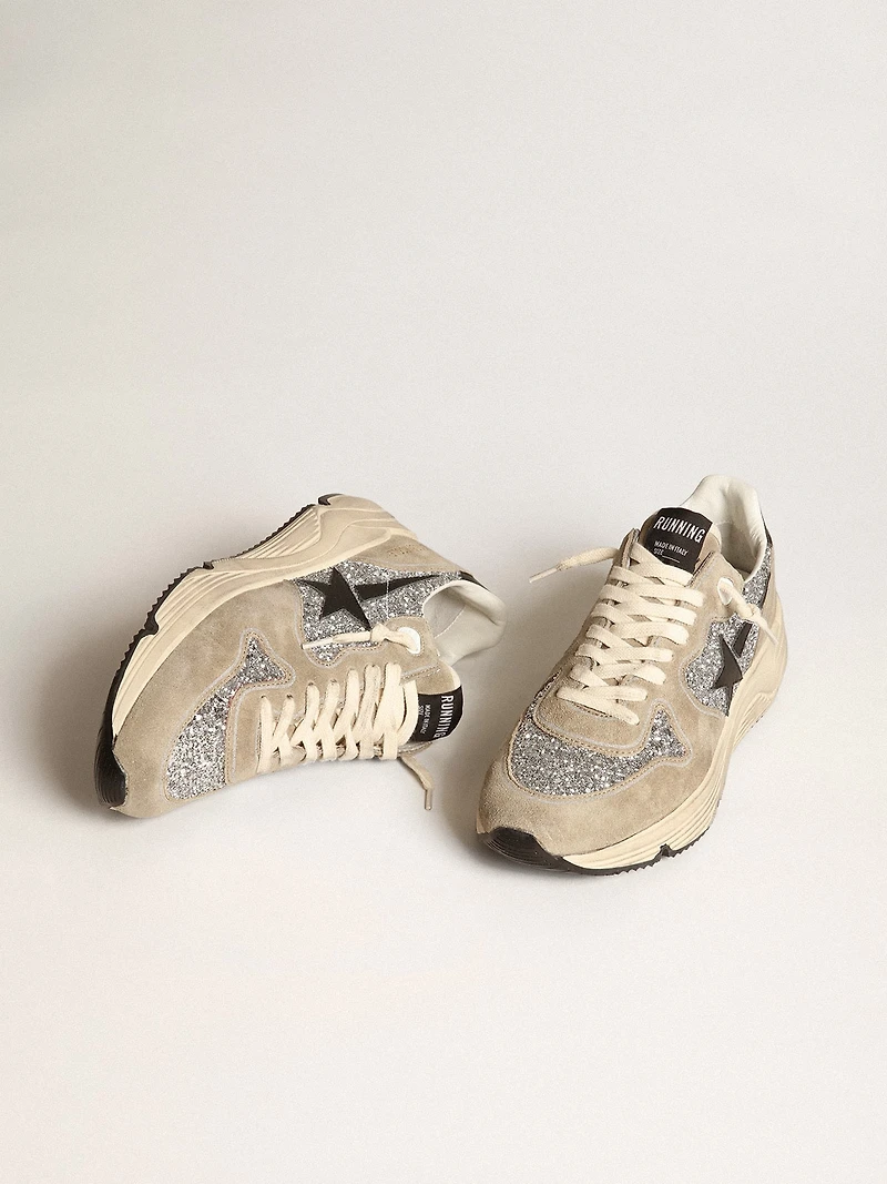 Women's Running Sole silver glitter and dove gray suede