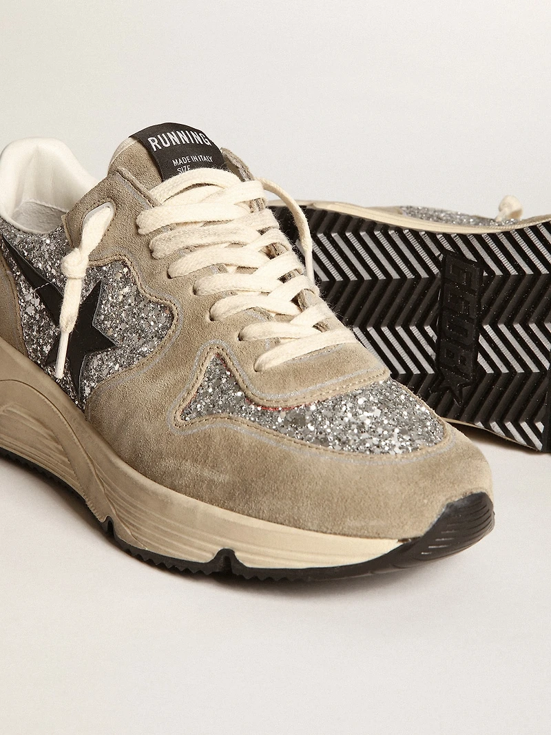 Women's Running Sole silver glitter and dove gray suede