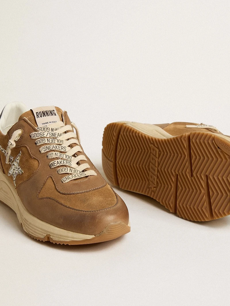 Women’s Running Sole in tobacco-colored nappa leather and suede with silver glitter star