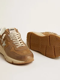 Women’s Running Sole in tobacco-colored nappa leather and suede with silver glitter star
