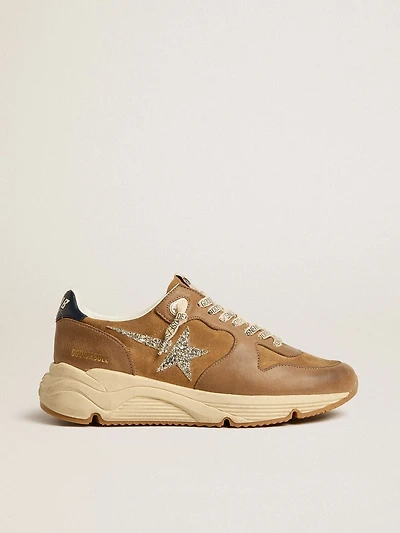 Women’s Running Sole tobacco-colored nappa leather and suede with silver glitter star