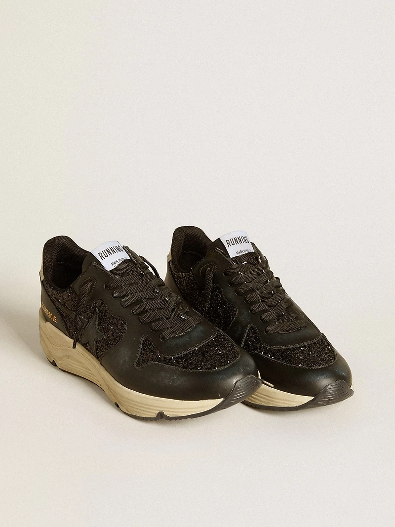 Women's Running Sole black glitter with leather star and nubuck heel tab