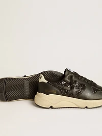Women's Running Sole black glitter with leather star and nubuck heel tab
